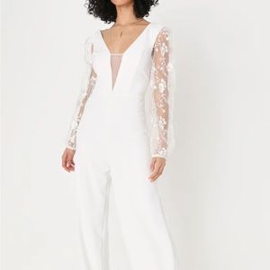 Lulu's White Lace Sleeve Jumpsuit
